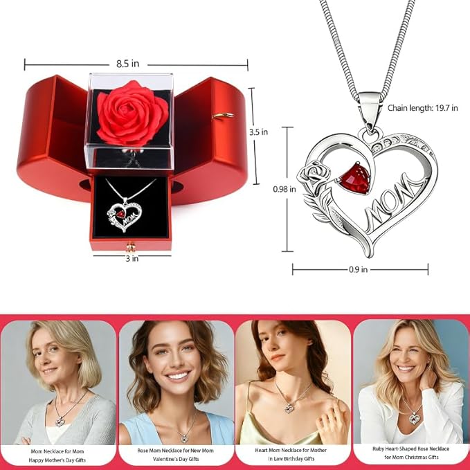 Preserved Rose Mother Gifts for Mom from Daughter Birthday Gift for Mum from Son Forever Red Roses with Mom Rose Heart Necklace for Grandma Mama Nana I Love You