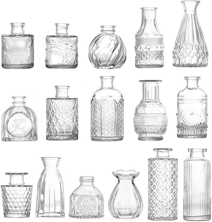 16Pcs Glass Bud Vase Set, Mini Flower Clear Vase Set Bud Vases for Wedding Centerpiece Table Decor, Vintage Small Vases for Room Home Dining Party Table Center Decor