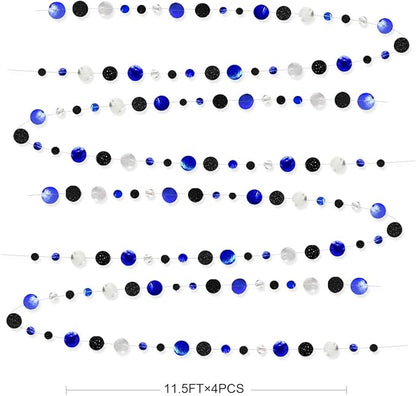 46Ft Navy Blue Black Silver Circle Dots Garland Royal Blue Black Polka Dots Streamer for Birthday Graduations Wedding Bridal Baby Shower Nautical Ahoy Achor Pirate Theme Party Decorations Supplies