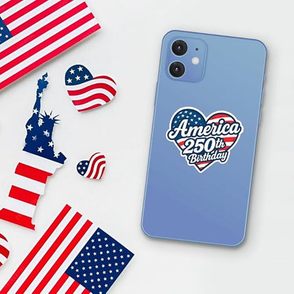 HANDICHI Design 5-Pack 4 Inch America 250th Birthday Stickers – Patriotic Heart-Shaped USA Flag Vinyl Decals – Waterproof 1776–2026 Independence Day Stickers for USA 250th Anniversary Celebration