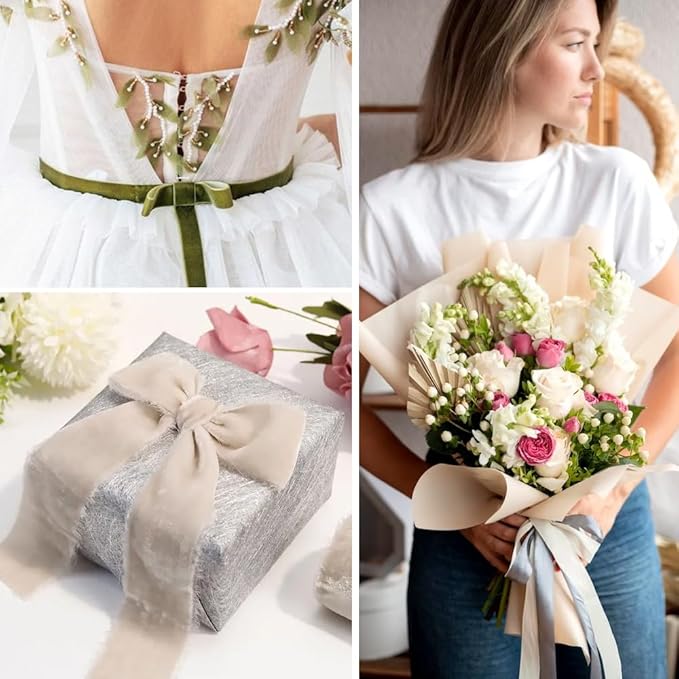 5/8" Wide x 10 Yards Velvet Ribbon, Vintage Single Face Velvet Ribbons for Gift Wrapping, Christmas Wrapping Bows, Wedding Decor, Sewing and More (Khaki)