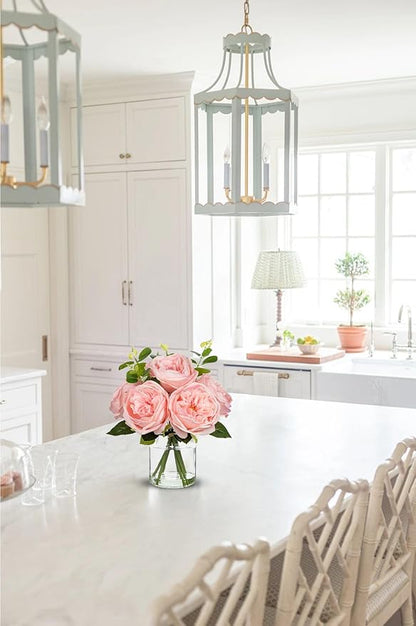 Hollyone Real Touch Peonies Artificial Flowers Arrangements in Vase Pink Fake Peonies with Glass Vase Silk David Austin Roses Faux Flowers with Faux Water Bouquet Table Floral Centerpiece Home Decor