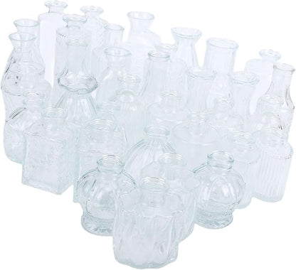 Sorandy 36 Glass Bud Vases, Transparent Multiple Shapes Vintage Embossed Flower Vase Set with Thick Sturdy Crystal Clear Glass for Wedding Home Decor Table Setting