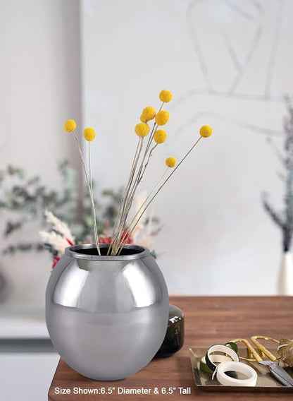 Serene Spaces Living Alerra Stainless Steel Vase, Round Modern Silver Flower Vase, Minimalist Metal Accent for Home, Office, Wedding, or Event Centerpieces, Ideal Gift, 6.5" Diameter & 6.5" Tall