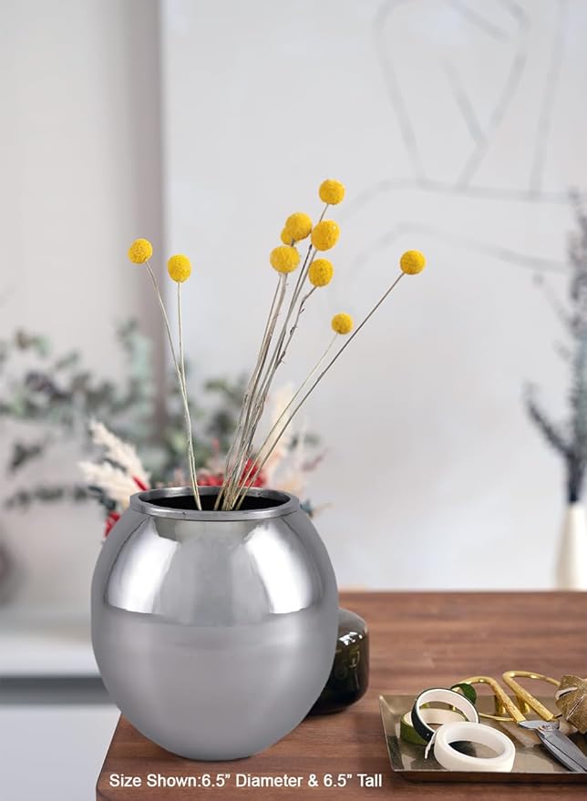 Serene Spaces Living Alerra Stainless Steel Vase, Round Modern Silver Flower Vase, Minimalist Metal Accent for Home, Office, Wedding, or Event Centerpiece, 6.5" Diameter & 6.5" Tall, Pack of 4