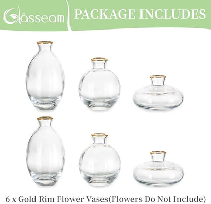 Glass Bud Vase for Centerpieces, 6Pcs/2Sets Glasseam Modern Gold Rim Mini Small Vases for Flowers Bulk Flower Vase Set Aesthetic Cute Handmade Tiny Short Wedding Table Centerpiece Decor