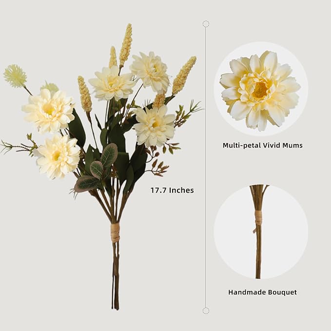 KBREE Artificial Fall Mums Bouquet, 4 Bunches Handmade Faux Daisy Flowers with Grain Stems & Foxtail, 17.7" Natural Farmhouse Mums Bouquets for Autumn Home Decor & Table Centerpieces (Pale Yellow)