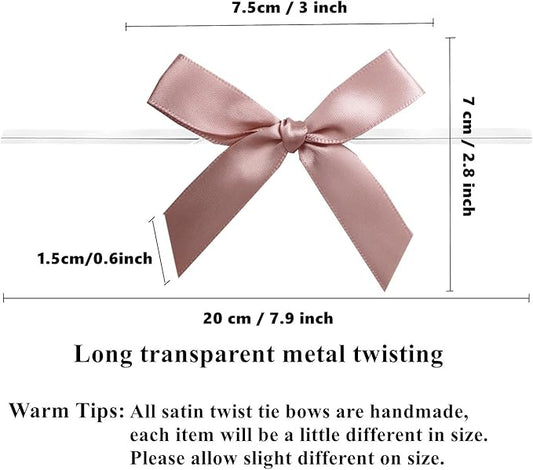 50 PCS 3 Inch Satin Twist Tie Bows, Twist Bows for Treat Bags, Pre Tied Bows with Wire, Ribbon Bows with Twist Ties, Bow Ties for Gift Bags, Popcorn Bags, Cookie Bags, Party Favors(Vanilla)