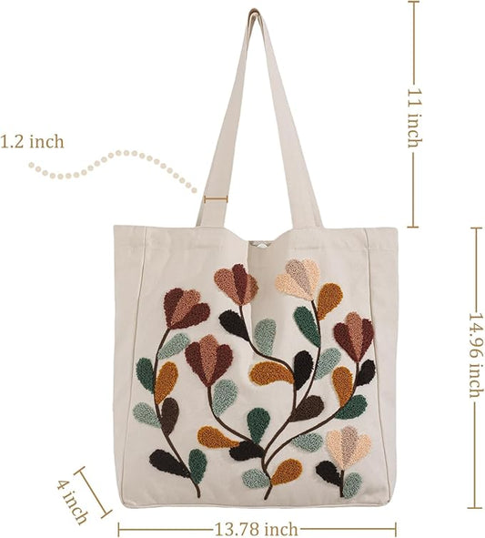 Aesthetic Embroidery Tote Bag for Lady Cute Reusable Canvas Shoulder Bag for Girls Women Shopping Grocery