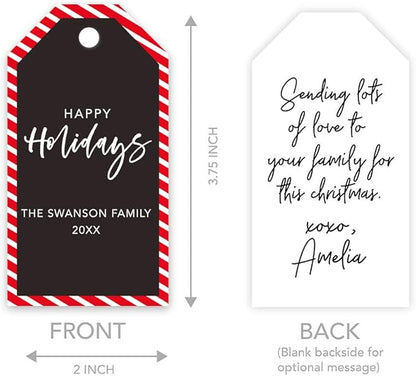 Andaz Press Personalized Christmas Holiday Season Classic Gift Tags, Happy Holidays Custom Family Name and Year, Candy Cane Striped Design, for Holiday Events, Parties, and Favors, 60-Pack