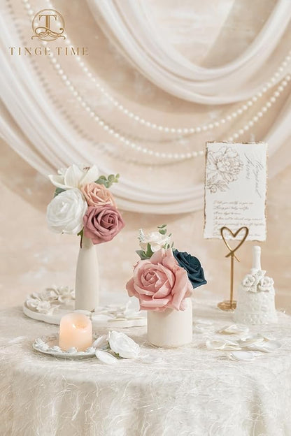 TINGE TIME Artificial Flowers Combo Mix Silk Flowers Pink Roses w/stem for DIY Wedding Bridal Bouquets Baby Shower Floral Arrangement Table Centerpieces Home Decorations (Navy Blue & Dusty Rose)