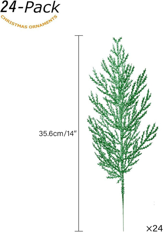 Christmas Glitter Stems 24pcs Artificial Pine Tree Picks for Christmas Tree Ornaments fillers, DIY Xmas Wreath, Crafts, Garland, Holiday, Party, Wedding and Home Decoration (Green)