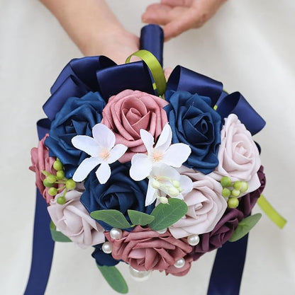 Lightweight Bridal Wedding Bouquet Round Holding Bouquet Throw Toss Artificial Rose Flower Bunch for Bride Bridesmaid Wedding Quinceanera (Navy, Smoky Rose, Light Taro & Dark Puce, 7.9")