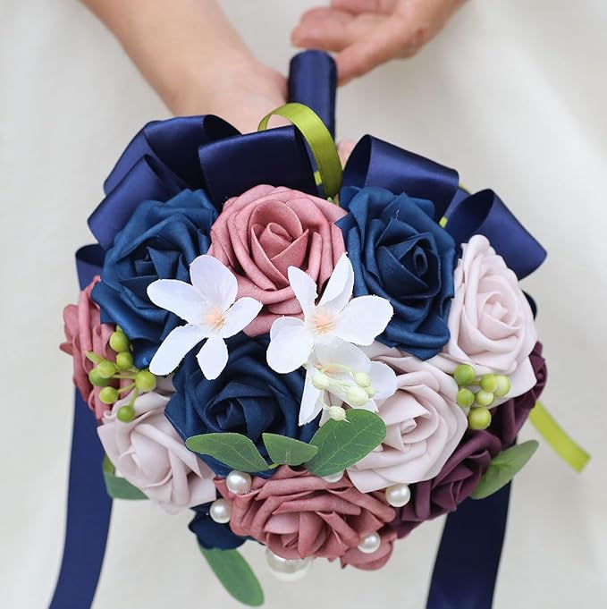 Lightweight Bridal Wedding Bouquet Round Holding Bouquet Throw Toss Artificial Rose Flower Bunch for Bride Bridesmaid Wedding Quinceanera (Navy, Smoky Rose, Light Taro & Dark Puce, 6.7")