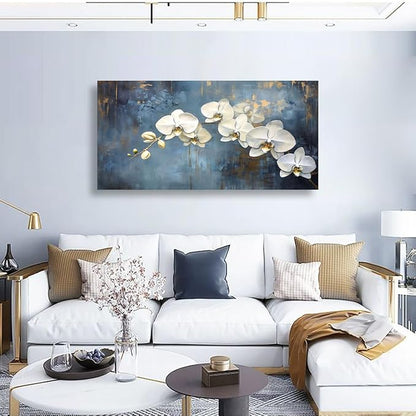 Abstract White Butterfly Orchid Canvas Wall Art for Living room Office Bedroom Flowers Wall Art Print Oil Paintings Modern Blue Gold Rain Mist Pictures Wall Decor Artwork Ready to Hang - 20in * 40inch