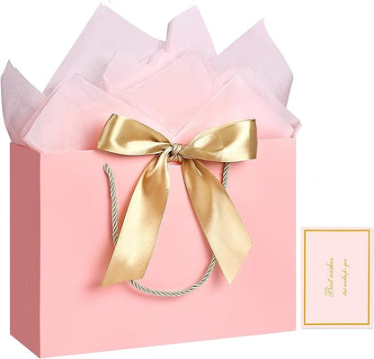 JMANNI Gift Bag, 1PCS Gift Bags Large with Ribbon and 1 Greeting Cards 2 Tissue Paper, Portable Paper Gift Bag with Handles, Birthday Gift Bags, Valentine's Day, Present Bags for Christmas Wedding Party Mothers Day