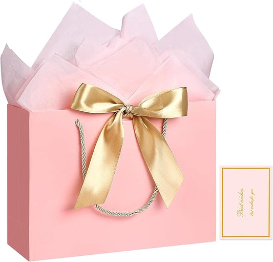JMANNI Gift Bag, 1PCS Gift Bags Large with Ribbon and 1 Greeting Cards 2 Tissue Paper, Portable Paper Gift Bag with Handles, Birthday Gift Bags, Valentine's Day, Present Bags for Christmas Wedding Party Mothers Day