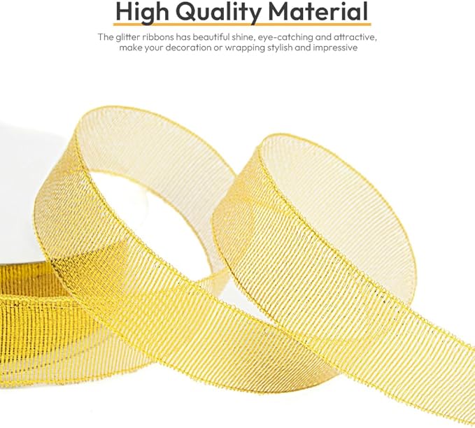KMER LIFE 1 Inch x 50 Yards Glitter Gold Ribbon, Sparkly Metallic Fabric for Gifts Wrapping, Crafts, Sewing, Decoration - Christmas, Valentine's Day