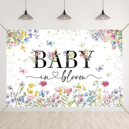 Boho Wildflower Baby Shower Backdrop Baby in Bloom Background Butterfly Flower A Little Wildflower is on The Way Decorations Girls Floral Baby Shower Banner with Copper Grommets