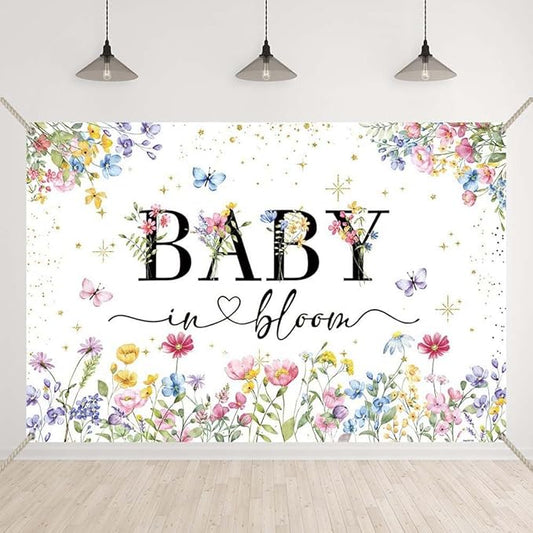 Boho Wildflower Baby Shower Backdrop Baby in Bloom Background Butterfly Flower A Little Wildflower is on The Way Decorations Girls Floral Baby Shower Banner with Copper Grommets