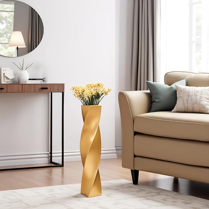 Tall Gold Floor Vase - 23.6 Inch Modern Square Twist Vases for Home Decor, Large Decorative Vase for Dried Flowers, Pampas Grass, Centerpiece - Matte Finish