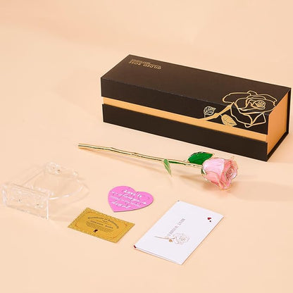 Mikasol Real 24K Gold Dipped Realistic Rose – Timeless Lifelike Bloom with Heart Puzzle Base – Romantic Pink Flower Gift for Her, Wife, Girlfriend, Mom – Birthday, Anniversary, Mother’s Day (Pink)