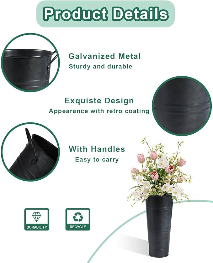 9 Inch Galvanized Metal Vases for Flowers - 6 Pcs Farmhouse Decorative Tall Flower Bucket with Handles, Rustic French Tin Planter Buckets for Wedding Decor (Galvanized Black)