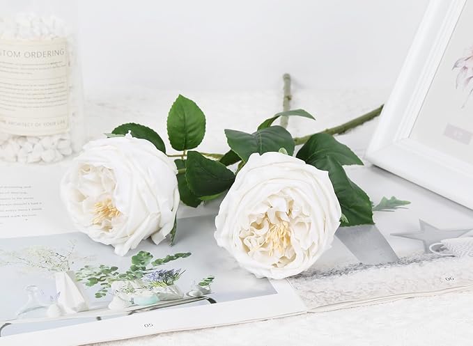 IPOPU White Roses Artificial Flowers,5PCS Real Touch Austin Roses Faux Peony Flowers Stems for Wedding Bouquet Party Home Decor(White)