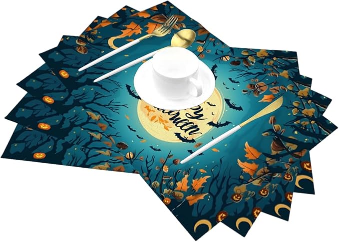 PVC Placemats Set of 4 Wipeable Table Mats Washable Heat Resistant Non Slip Vinyl Dining Table Mat for Kitchen Indoor Outdoor Patio Farmhouse Place Mats Halloween Bat Maple Decorative