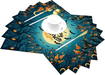 PVC Placemats Set of 1 Wipeable Table Mats Washable Heat Resistant Non Slip Vinyl Dining Table Mat for Kitchen Indoor Outdoor Patio Farmhouse Place Mats Halloween Bat Maple Decorative