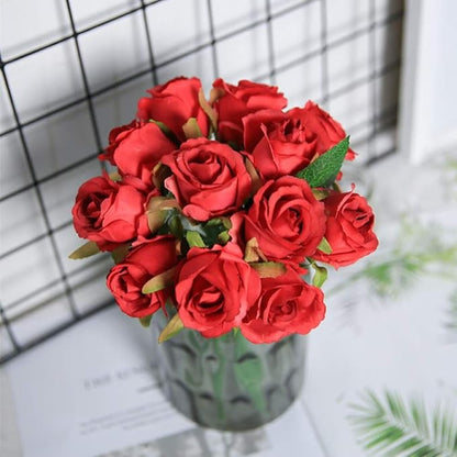 12pcs Artificial Roses Single Stem Fake Silk Flower Arrangement Bridal Bouquet Real Touch for Home Party Wedding Decoration Without Vase (Red)