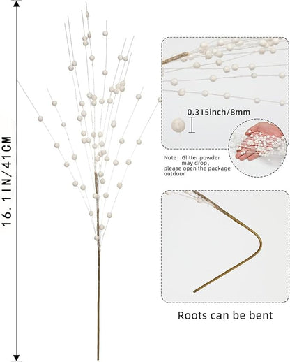 Christmas Artificial Glitter Holly Berry Stem,12Pcs Fake Christmas White Berries Branches Twigs 16 in Holly Berries Stem Picks for Christmas Tree Floral Arrangements Vase Home Decor