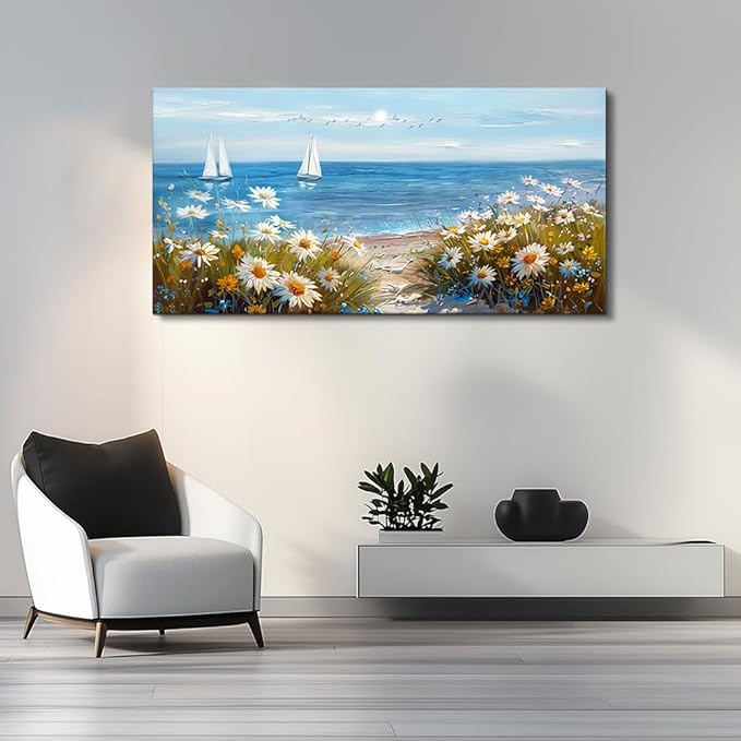 PHAOHUAXM Wall Art For Dining Room Kitchen Blue Ocean Landscape Painting Art Pictures Living Room Decor Vintage Landscape Canvas Print Suitable For Bedroom Office Farmhouse Wall Decoration 24x48 In