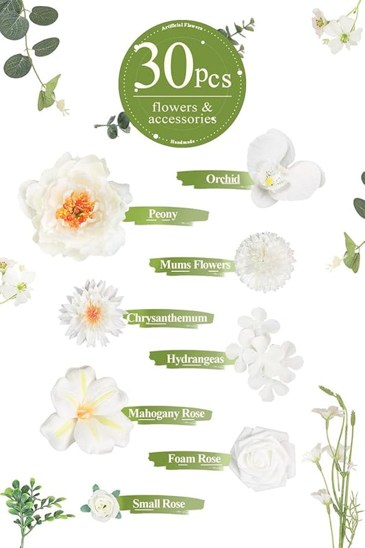 TINGE TIME Artificial Flowers Combo Mix Silk Flowers White Roses w/stem for DIY Wedding Bridal Bouquets Baby Shower Floral Arrangement Table Centerpieces Home Decorations (Ivory White)