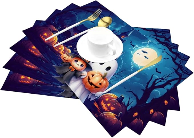 PVC Placemats Set of 1 Wipeable Table Mats Washable Heat Resistant Non Slip Vinyl Dining Table Mat for Kitchen Indoor Outdoor Patio Farmhouse Place Mats Halloween Castle Pumpkin Ghosts Decorative