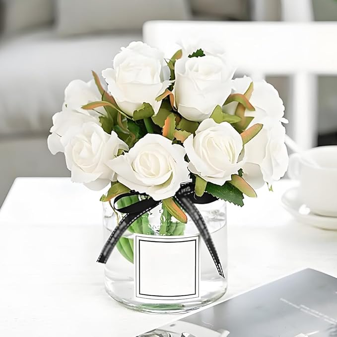 Jasion Artificial Roses Flowers Silk 12pcs DIY Bouquet for Home Office Parties Table Centerpieces Bridal Wedding Decoration Without Vase (Spring White)