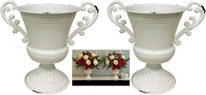 8.3" Shabby Chic European Urn Vase, Distressed Vintage Metal Body with Heavy Cast Iron Double Handles, Romantic Farmhouse Centerpiece for Mantel or Table Decor
