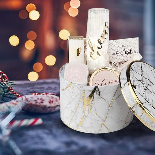 Briful Round Gift Boxes with Lids Set of 4 Marble White Gift Box Assorted Sizes Nesting Gift Boxes for Presents Birthday Bridesmaid Wedding Valentines Christmas Party Favor Boxes