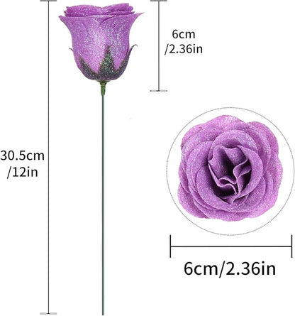 30PCS Purple Glitter Roses Artificial Flowers Fake Roses with Stems for Wedding Bouquet Party Christmas Home Decor(Purple)
