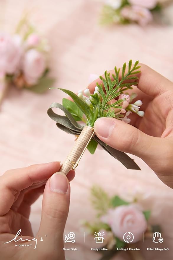 Ling's moment Boutonniere for Men, 6pcs Groom Groomsmen Boutonniere, Artificial Flowers for Wedding Decor/Prom/Homecoming, etc.Blush Pink