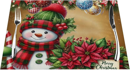PVC Placemats Set of 4 Wipeable Table Mats Washable Heat Resistant Non Slip Vinyl Dining Table Mat for Kitchen Indoor Outdoor Patio Farmhouse Place Mats Christmas Ball Poinsettia Snowman Decorative
