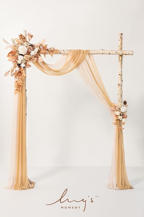 Ling's moment Boho Wedding Arch Flowers Kit Pack of 4, 2pcs Hanging Artificial Floral Arrangement 2pcs Chiffon Drapes Ceremony Fake Silk Rose Arbor Rustic Farmhouse Party Decor, Fall Orange Swags