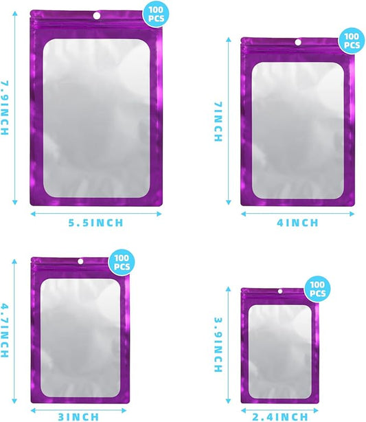 400 Pack 4 Size Bags with Clear Window,Scratch Resistant Hand Holographic Packaging Pouch,Resealable Bag for Small Bussiness Cookies Jewelry Candy Sample (Purple, 2.4×3.9,3x4.7,4×7,5.5×7.9 inch)