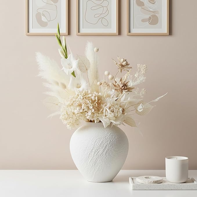 Vintage Ceramic Vase, Minimalist Texture Stone Patterned White Flower Vase, Decorative Vase for Living Room Shelf Farmhouse Dining Table Centerpiece Decor (White Texture 7.9'')
