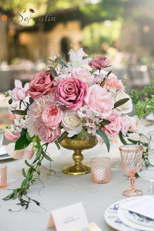 Serwalin Artificial Pink Flowers Spring Roses Silk Fake Flowers for DIY Wedding Bridal Bouquets Cake Flower Baby Shower Table Centerpieces Arrangements Decoration
