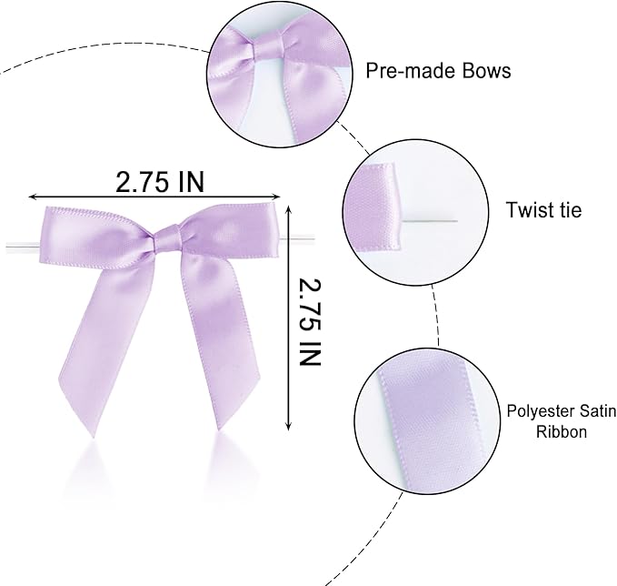 50 PCS Purple Twist Tie Bows 2.5" Satin Ribbon Bows Decor for Gift Wrapping Craft Treat Bags Cake Pop Basket, Wedding Baby Shower Birthday Party Favors