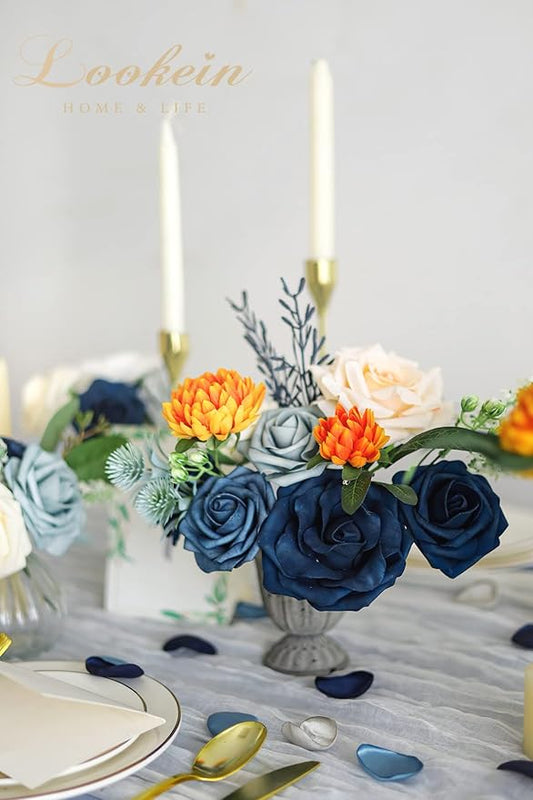 Lookein Artificial Flowers for DIY Wedding Decoration Bridal Bouquet Table Centerpieces Flower Garland Wreaths Aisle Arch Flower Decoration Home Decor, Delicate Navy Blue