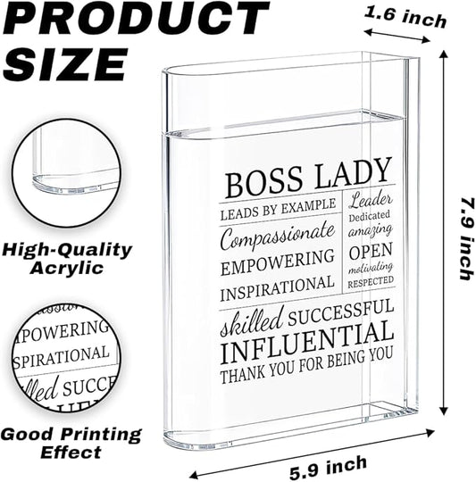 Boss Lady Bosses Day Gifts for Women Men Manager Funny Office Decor for Women Wooden Acrylic Book Flower Vase National Boss Day Decorations Gifts for Leader HR Men Manager Office Bookshelf Desk Decor
