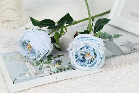 IPOPU Blue Roses Artificial Flowers 5PCS Real Touch Peonies Faux Austin Roses with Stems for Wedding Bouquet Party Home Decor (Blue)