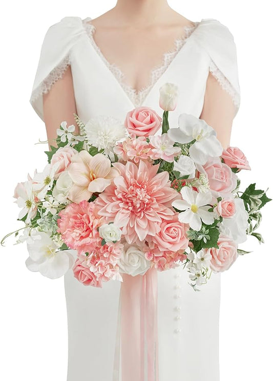 TINGE TIME 11 Inch Wedding Bouquets for Bride, PeachPink&White Artificial Flowers Bouquet, Brides & Bridesmaids Bouquet for Wedding Anniversary Ceremony Bridal Shower Decorations